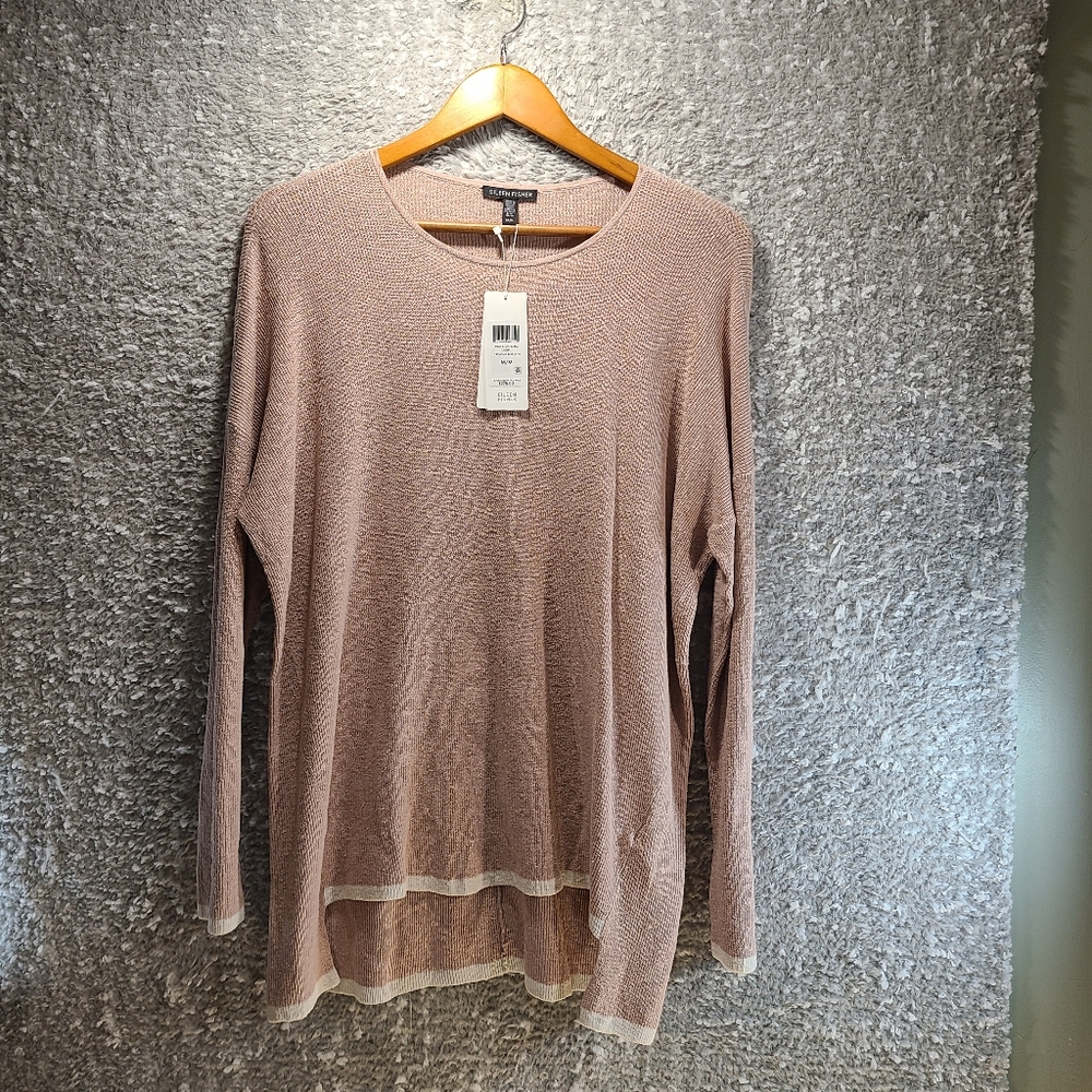 Eileen Fisher Organic Linen Sweater Crepe Crew Neck Box Top Pink Medium NWT